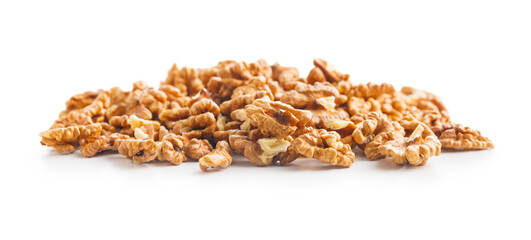 Peeled dried walnut kernels isolated on white background.