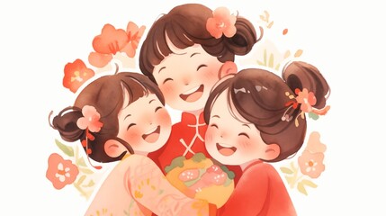 cutest three young boys and girls clipart, happy Chinese kid in spring garden, flowers , three siblings play together with cheerful expression, watercolor illustration white background, Ai Generated