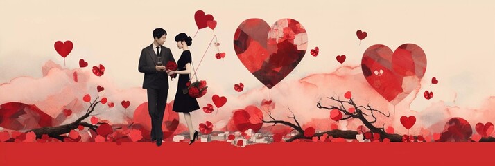 Collage of Valentines day by Japanese style. Couple, man and woman, red hearts, love decorations greetings card or banner