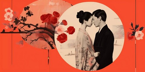 Collage of Valentines day by Japanese style. Couple, man and woman, red hearts, love decorations greetings card or banner