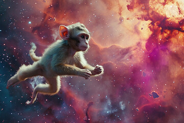 illustration of a monkey floating in space - obrazy, fototapety, plakaty