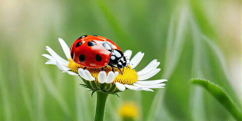 Banner Red ladybird on a chamomile flower. Macro.
