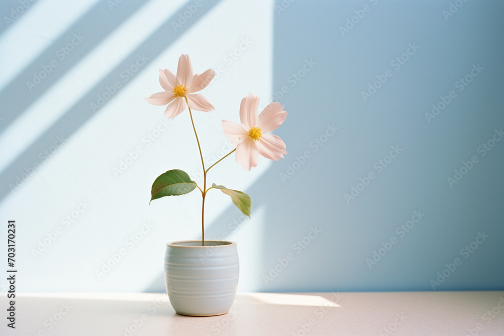 Poster delicate pastel petals in a tiny pot, harmonizing in a minimalistic and serene display.