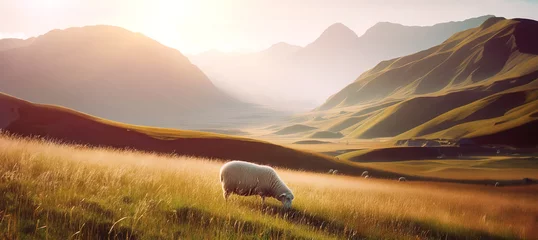 Foto auf Acrylglas Wiese, Sumpf Young sheep grazes in meadow in spring against backdrop mountains and the setting sun