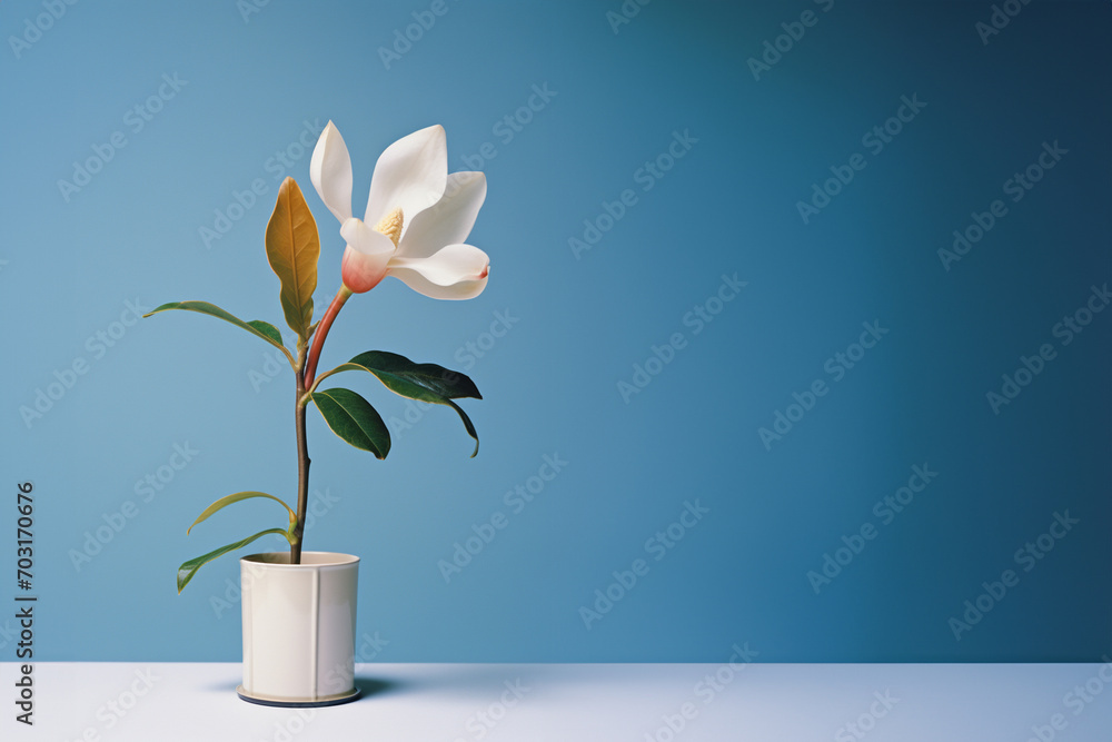 Poster a magnolia bloom captured in a minimalistic moment within a small pot.