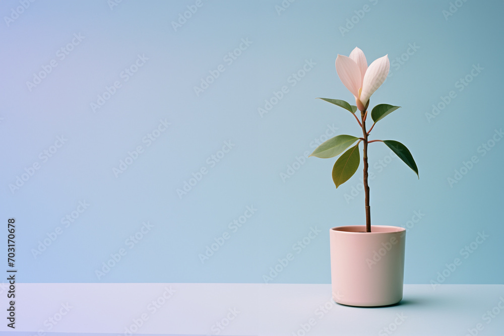 Poster a magnolia bloom captured in a minimalistic moment within a small pot.