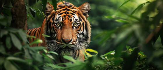 a tiger in the jungle wallpaper, wildlife photo, with empty copy space