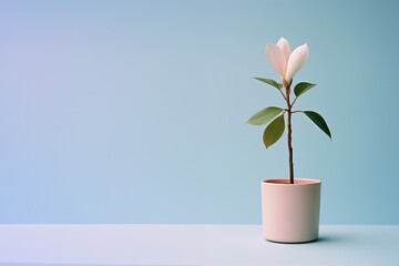 A magnolia bloom captured in a minimalistic moment within a small pot.