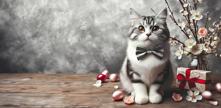 Small fluffy kitten with bow on festive background, concept holidays and congratulations on the spring holidays, universal card