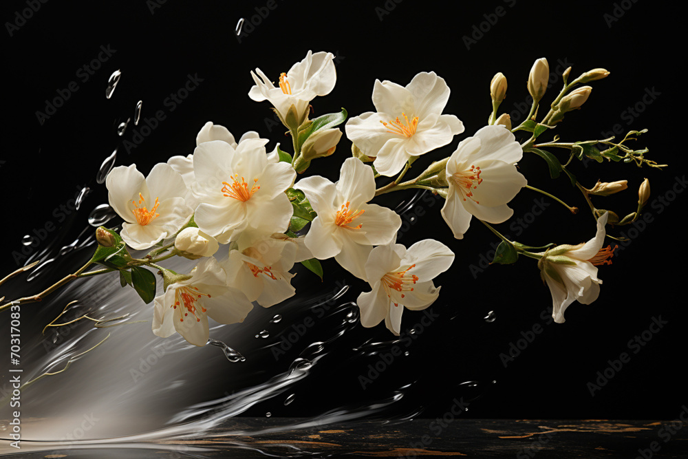 Poster floating freesia exuding fragrance in a minimalistic pot, creating an aromatic display.