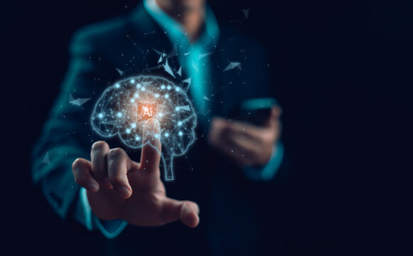 Programmer people working laptops or smartphones with AI, artificial intelligence software engineer coding on laptop computers with technology icons and binary code, big data, Ai bot digital machine