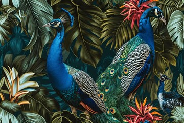 Photorealistic peacocks and tropical leaves opulent seamless pattern