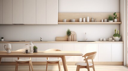 Fototapeta na wymiar Blur background interior design, scandinavian minimalistic classic kitchen with wooden and white details, 3d illustration