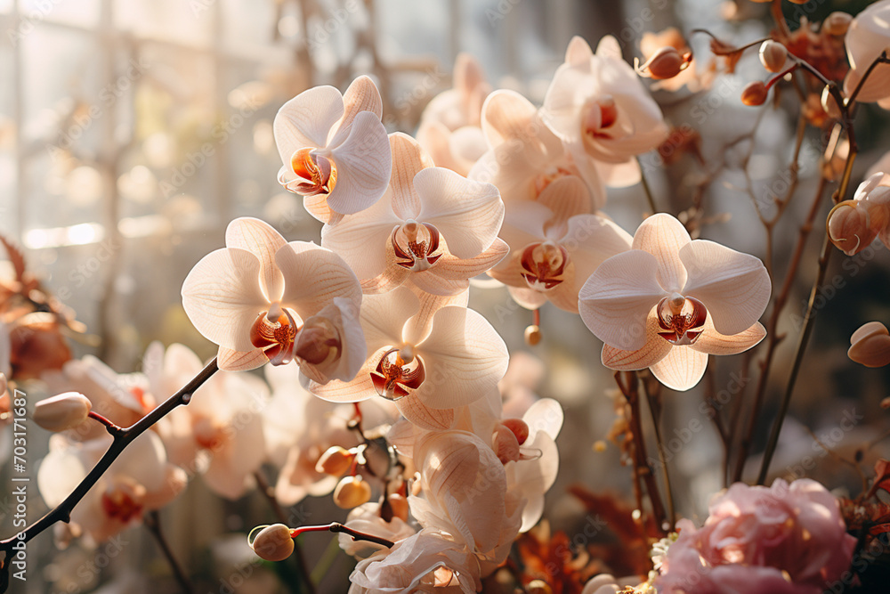Poster An oasis of watercolor orchids in a minimalistic arrangement, creating a dreamy tropical scene.
