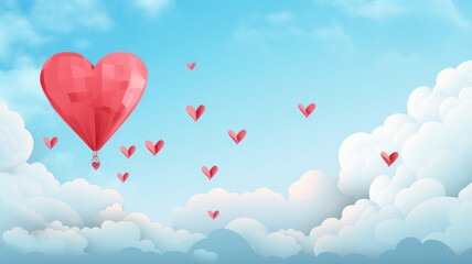 Paper art of heart balloon flying and scattering little heart in the sky