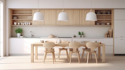 Blur background interior design, scandinavian minimalistic classic kitchen with wooden and white details, 3d illustration