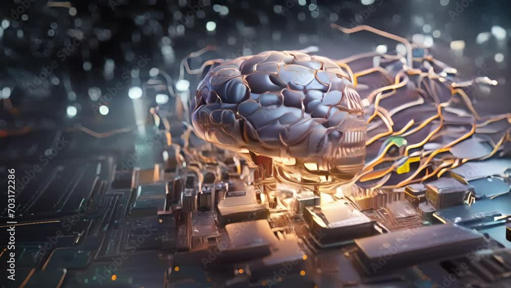 Poster a human brain made up of intricate circuitry and wires, challenging the boundaries between artificia
