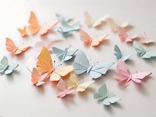 Japanese style pastel-colored paper butterfly on a white table.