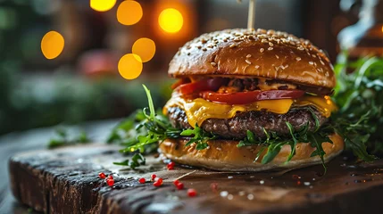 Foto op Plexiglas menu fast food hamburger Grilled Beef double cheese burger tasty delicious on table at restaurant © ChutinanArt6