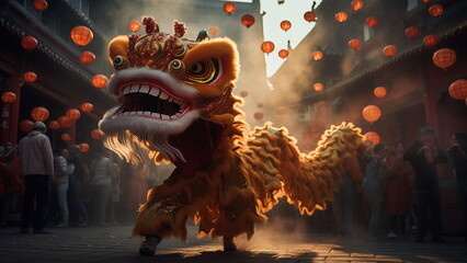 Chinese new year dragon dance with Generative AI - obrazy, fototapety, plakaty