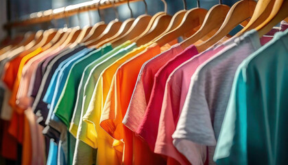 Close-Up of Vibrantly Colored T-Shirts Hanging on Racks, Apparel Backdrop - Powered by Adobe