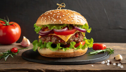 Close-Up of a Homemade Beef Burger on a Wooden Table