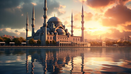 Beautiful mosque with sunset. Ramadhan concept - Generative AI - obrazy, fototapety, plakaty