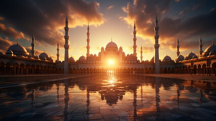 Beautiful mosque with sunset. Ramadhan concept - Generative AI