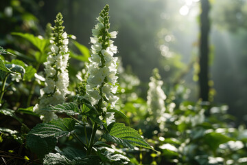 Sunlight filters through a forest canopy, illuminating white foxglove flowers amidst lush green foliage - obrazy, fototapety, plakaty