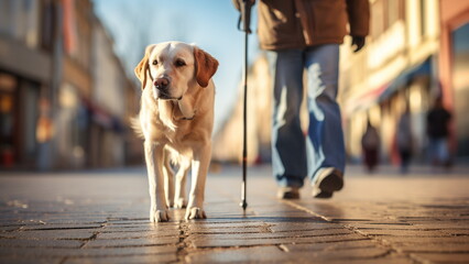 A blind man walks accompanied by his faithful dog - Generative AI - obrazy, fototapety, plakaty