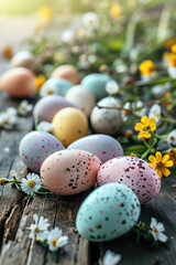Obraz premium Colorful speckled Easter eggs scattered among spring flowers on a rustic wooden surface, symbolizing the celebration of the Easter holiday