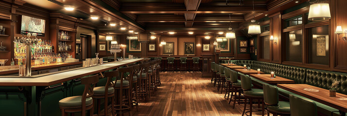 Classic wooden bar interior with stools, tables, and a variety of beverages on the shelves, evoking a traditional pub atmosphere