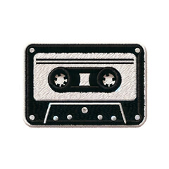 Embroidered patch badge with a retro cassette tape on a transparent isolated background in PNG format.