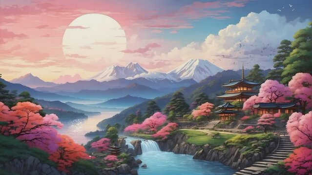 A peaceful evening sky landscape with the moon shining, mountains, ancient houses, with simple animation in Japanese anime watercolour style. A smooth looping video perfect for your projects.