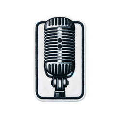 Embroidered patch badge with a badge of a vintage microphone on a transparent isolated background in PNG format.