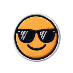 Embroidered patch badge with a  cool emoji with sunglasses on a transparent isolated background in PNG format.
