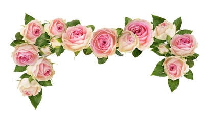 Small pink rose flowers in a floral arrangement isolated on white or transparent background. Decorative garland.