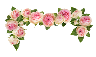 Small pink rose flowers in a floral arrangement isolated on white or transparent background. Decorative garland.