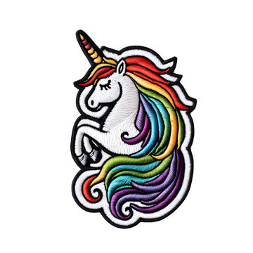 Embroidered patch badge with a whimsical unicorn with a colorful mane on a transparent isolated background in PNG format.