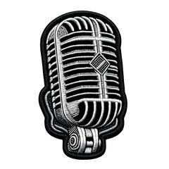 Embroidered patch badge with a badge of a vintage microphone on a transparent isolated background in PNG format.