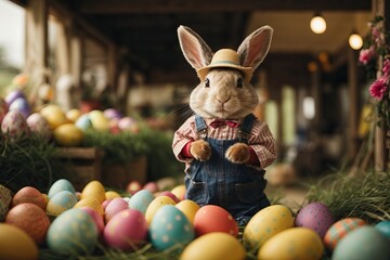 Fototapeta na wymiar A whimsical rabbit dressed in a traditional farmer's outfit, complete with overalls and a straw hat, joyfully hopping through a field of colorful Easter eggs.