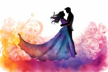 Watercolor dancing couple silhouette on colorful abstract background for wedding invitation love art