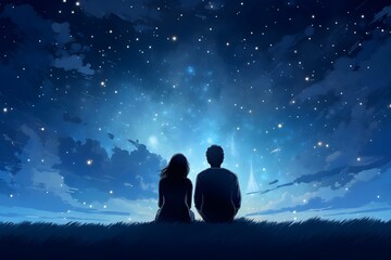 Watercolor couple sitting under night sky watching the glowing galaxy in deep blue background design