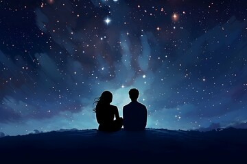 Watercolor young couple sitting under the sparkling galaxy night sky background for valentine lover 