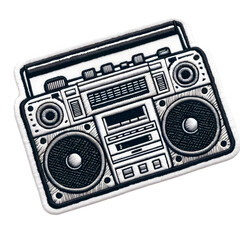 Embroidered patch badge with a retro boombox on a transparent isolated background in PNG format.