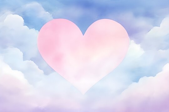 Watercolor soft flat pink heart shaped clouds on pastel sky painting background for romance love art