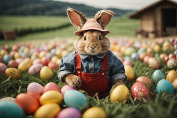 Fototapeta na wymiar A whimsical rabbit dressed in a traditional farmer's outfit, complete with overalls and a straw hat, joyfully hopping through a field of colorful Easter eggs.