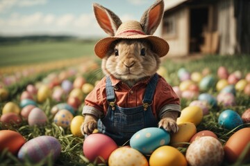A whimsical rabbit dressed in a traditional farmer's outfit, complete with overalls and a straw hat, joyfully hopping through a field of colorful Easter eggs.