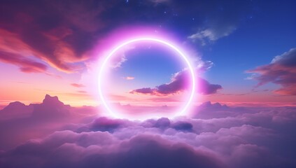 above the clouds with a glowing pink circle portal - obrazy, fototapety, plakaty