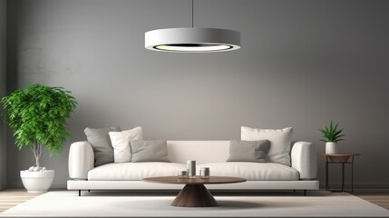 Fototapeta na wymiar Contemporary Clean living room interior with Sofa, table and Ceiling light. 3D Rendering